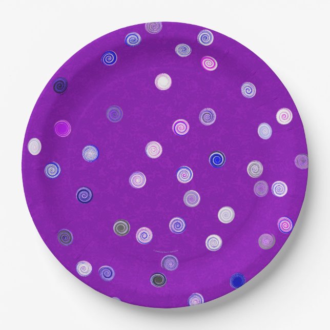 Platos de fiesta de papel morado con espirales de  (Anverso)