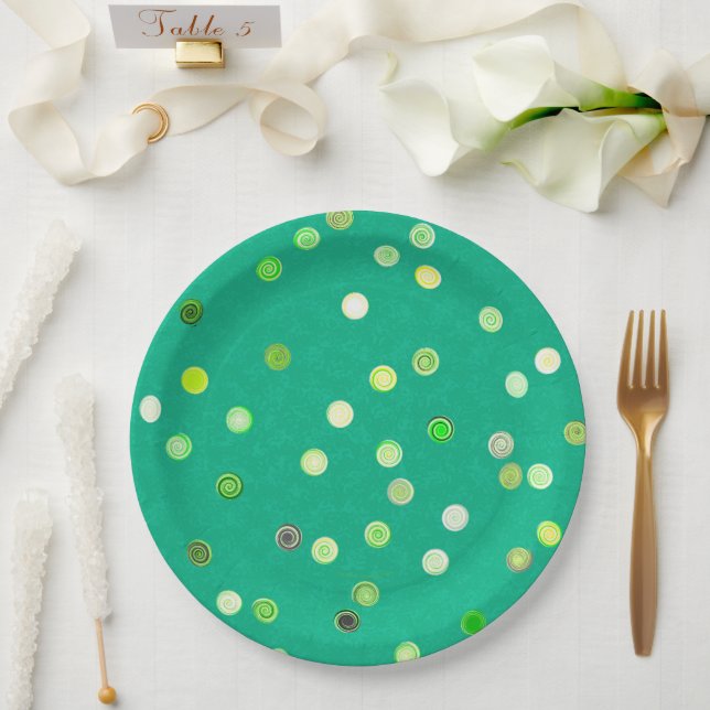 Platos de fiesta de papel verde con espirales de l (Boda)