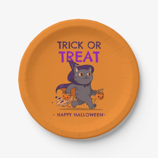 Platos de Halloween con truco de gatito de bruja o (Anverso)