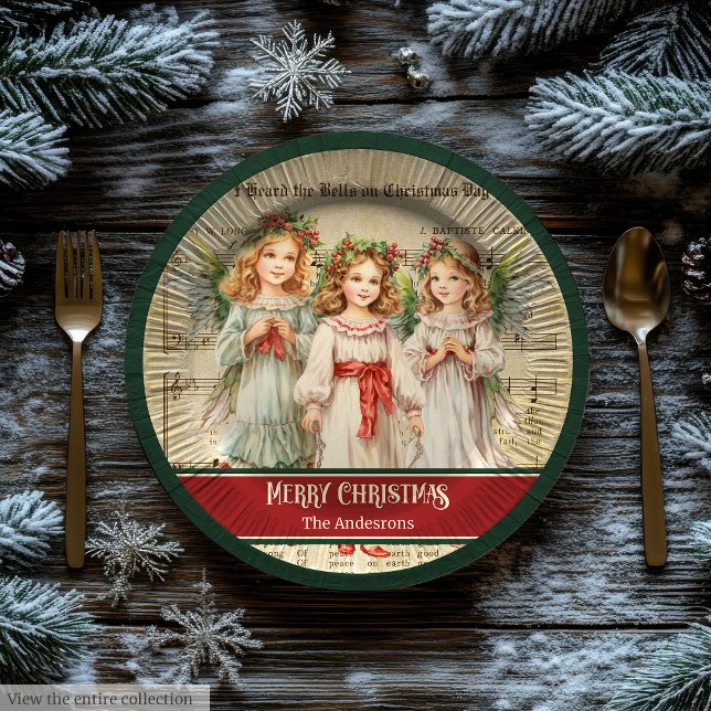 Platos de Navidad Verde Rojo Ángeles Recuerdo (Green Red Merry Christmas Plates Angels Keepsake)