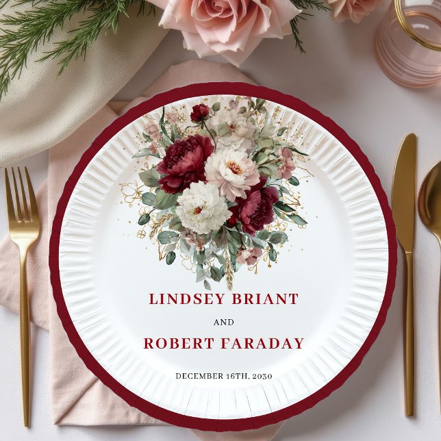 Platos de oro con flores de Borgoña Boho de lujo (Luxury Boho Burgundy Floral Gold Plates)