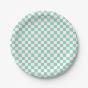 Platos de papel a cuadros blancos y turquesa lindo