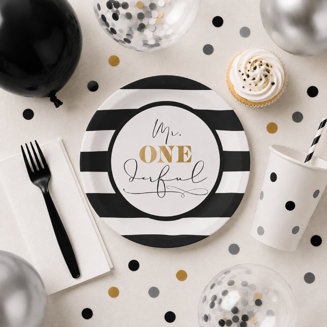 Platos de papel a rayas negras y blancas Mr. Onede (Mr. Onederful Paper Plates)