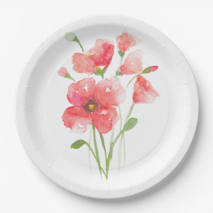 Platos de papel acuarelas amapolas rosas