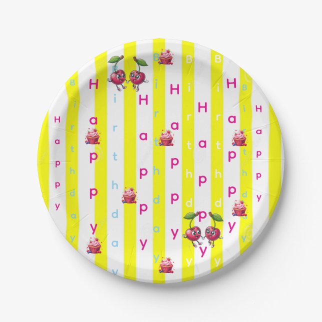 Platos de Papel, Amarillo y Blanco Raya Cumpleaños (Anverso)