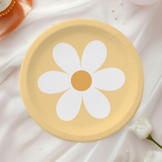 Platos de papel amarillos de margarita retro boho (Subido por el creador)
