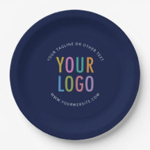 Platos de papel azul marino con logotipo comercial