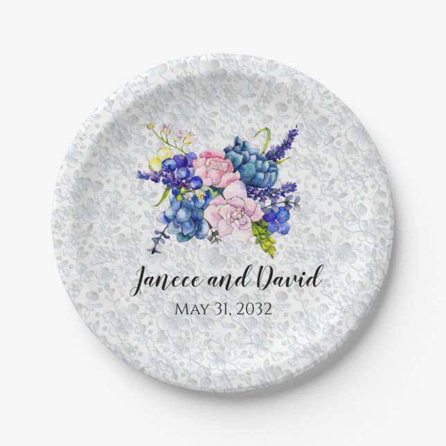 Platos de papel azules con flores de jardín para b (Anverso)