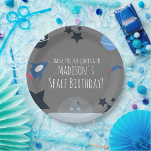 Platos de papel azules con tema de alienígena para