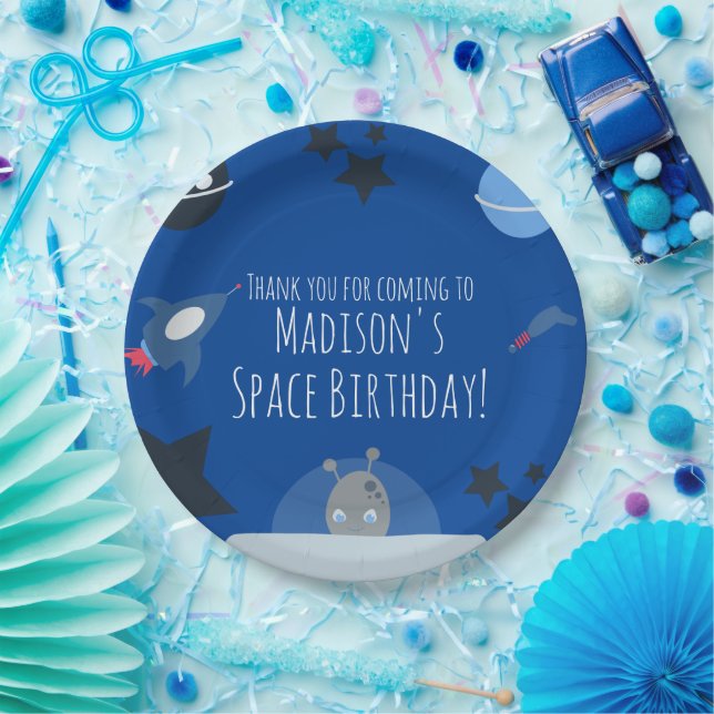 Platos de papel azules con tema de alienígena para (Fiesta)