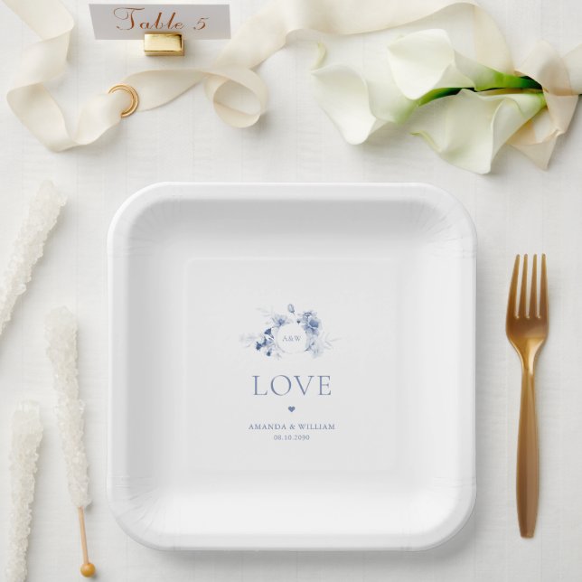 Platos de papel azules polvorientos florales para  (Boda)