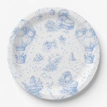 Platos de papel azules Toile de Jouy para baby sho