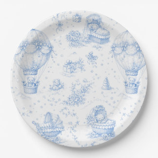 Platos de papel azules Toile de Jouy para baby sho