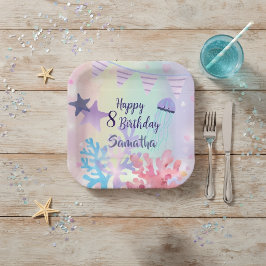 Platos de Papel Bajo el Mar Rosa Morado Cumpleaños