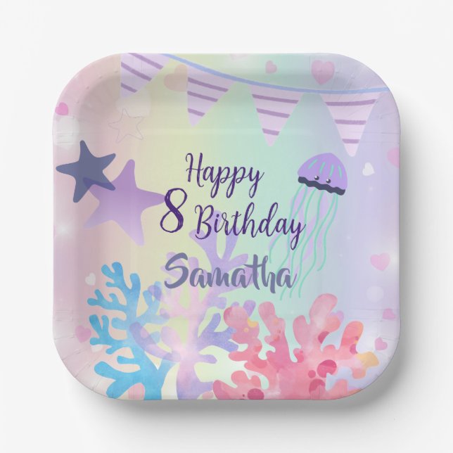 Platos de Papel Bajo el Mar Rosa Morado Cumpleaños (Anverso)