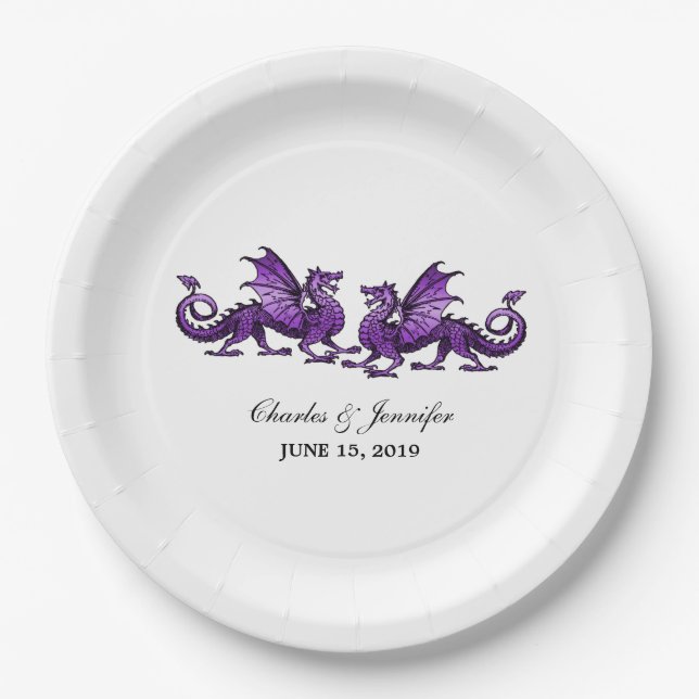 Platos de papel Boda Purple Elegant Dragons (Anverso)