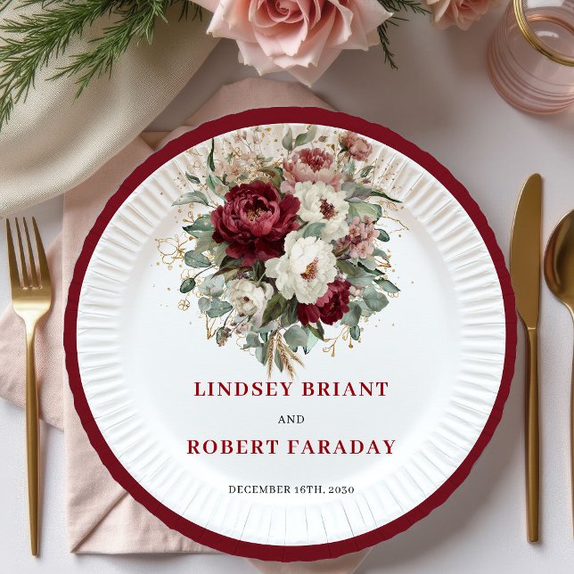 Platos de Papel Bohemios Florales Burgundy de Moda (Trendy Burgundy Floral Bohemian Gold Paper Plates)
