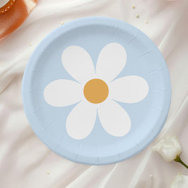 Platos de papel boho azul pálido margarita retro