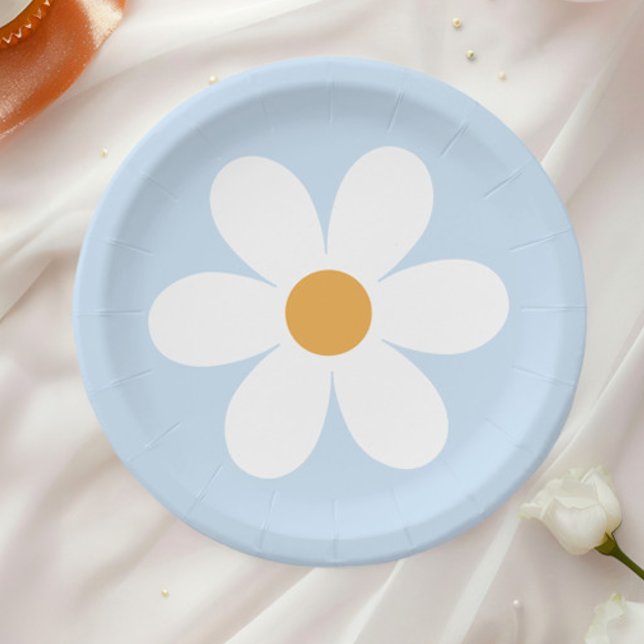 Platos de papel boho azul pálido margarita retro (Subido por el creador)