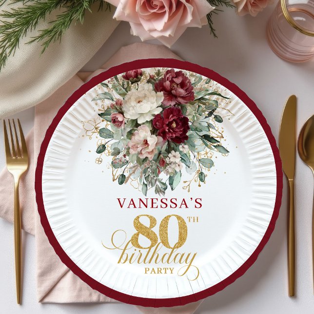 Platos de papel boho borgoña vegetación 80 cumplea (Boho Burgundy Greenery 80th Birthday Paper Plates)