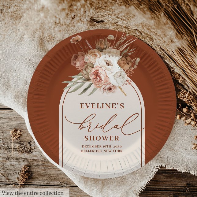 Platos de Papel Boho de Pampas de Terracota con Es (Stylish Terracotta Pampas Grass Boho Paper Plates)
