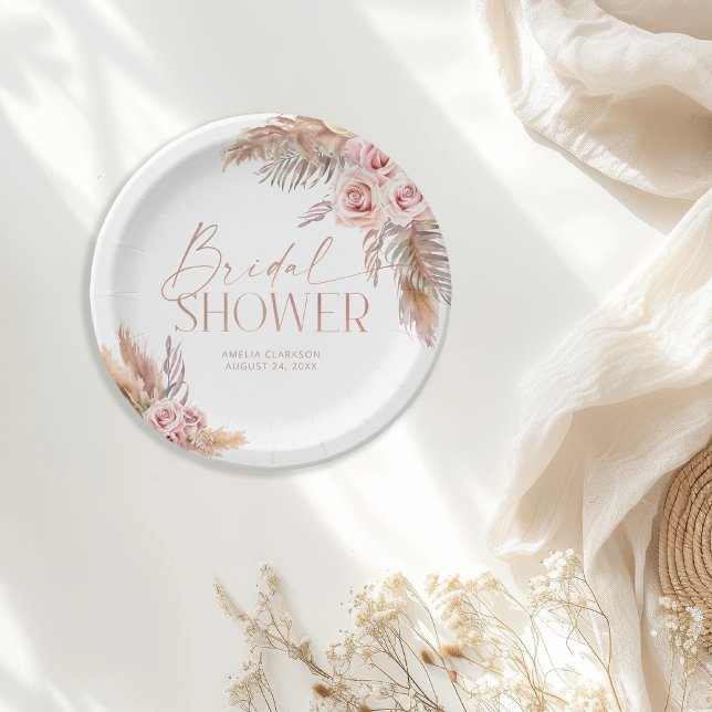 Platos de papel Boho Floral Pampas Rosa Dorado (Subido por el creador)