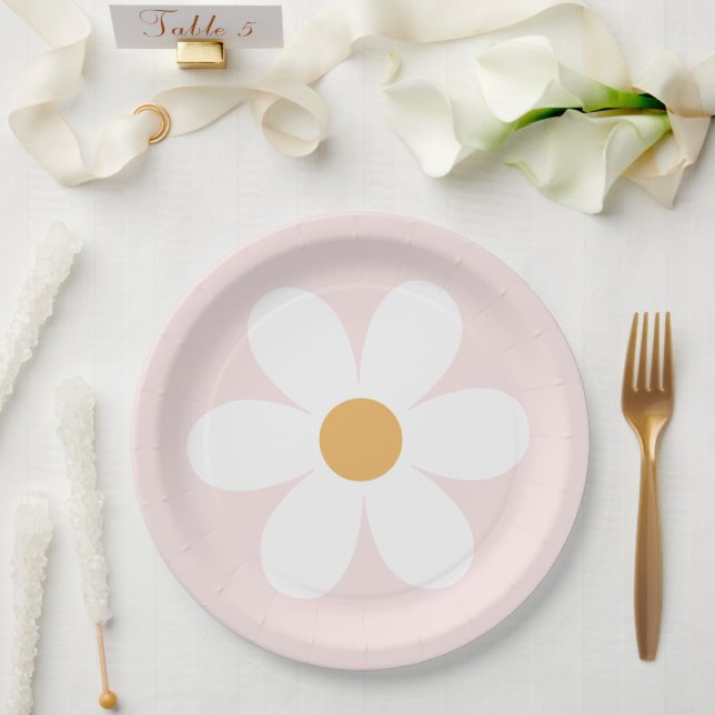 Platos de papel boho rosa claro retro margarita (Boda)