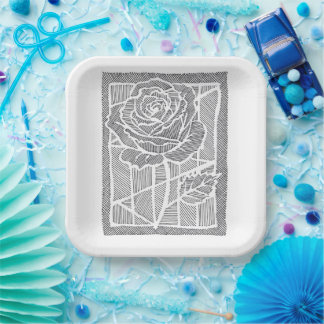 Platos de papel botánicos de rosa arte de línea ge