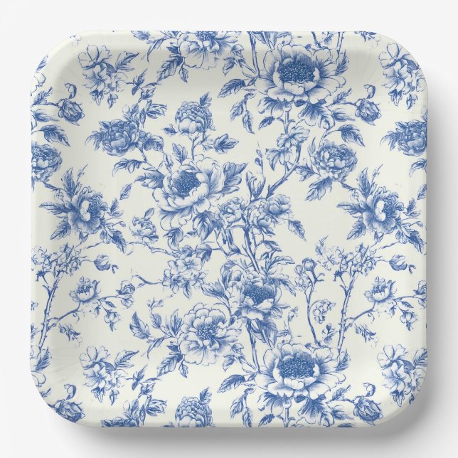 Platos de Papel Chinoiserie, Fiesta Floral Azul (Anverso)
