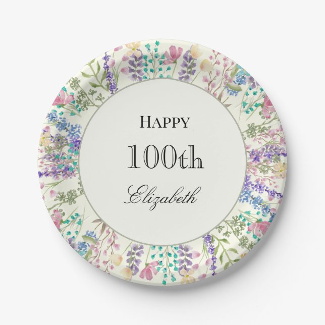 Platos de papel coloridos florales para cumpleaños (Anverso)