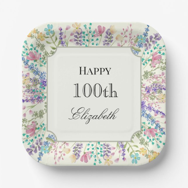 Platos de papel coloridos florales para cumpleaños (Anverso)