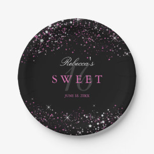 Platos de papel con brillo negro Sweet 16