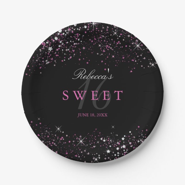 Platos de papel con brillo negro Sweet 16 (Anverso)
