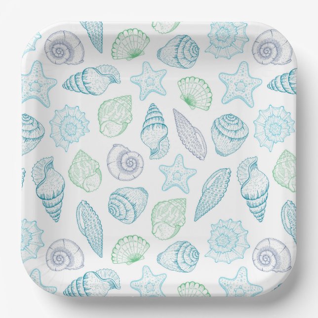 Platos de papel con conchas, cumpleaños costeros p (Anverso)