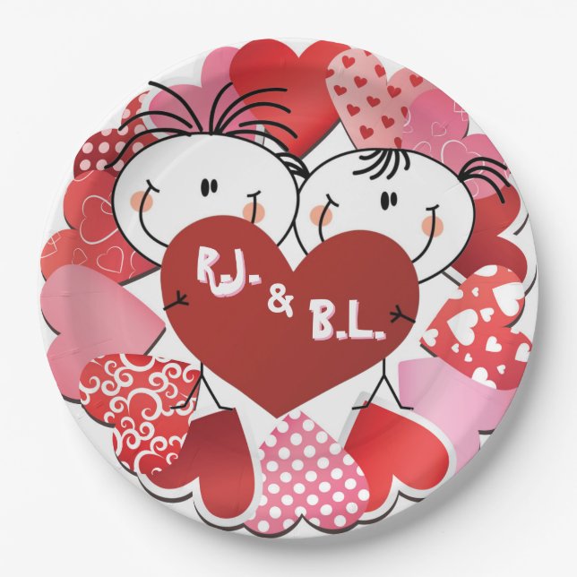 Platos de papel con corazones monogramados (Anverso)