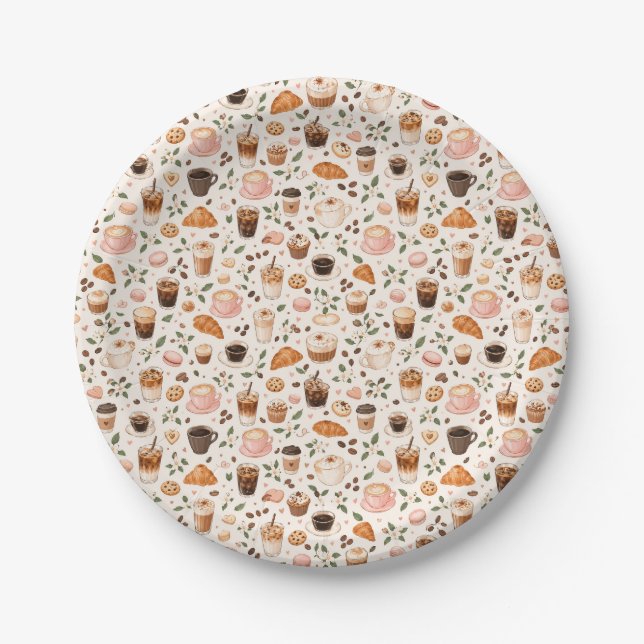 Platos de papel con estampado de café y dulces  (Anverso)