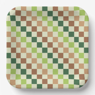 Platos de papel con estampado de cuadros verdes ác