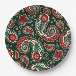 Platos de papel con estampado paisley rojo y verde