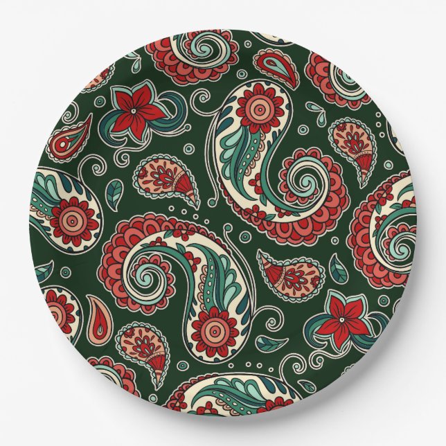 Platos de papel con estampado paisley rojo y verde (Anverso)