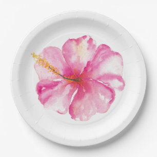 Platos de papel con flores de hibisco rosadas
