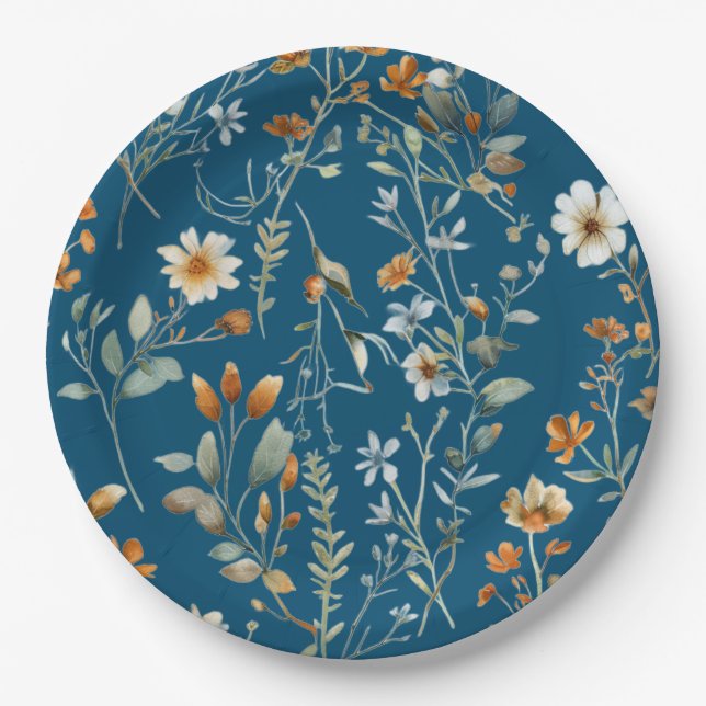 Platos de papel con flores silvestres azules (Anverso)