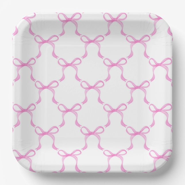 Platos de papel con lazo rosa, suministros para fi (Anverso)
