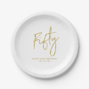 Platos de papel con letra dorada Fifty cumpleaños 