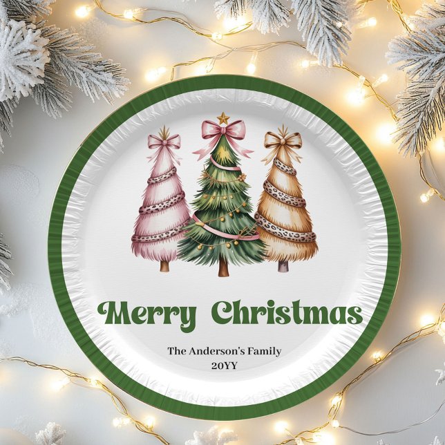 Platos de papel con nombre editable árbol de Navid (Chic Christmas Tree Editable Name Paper Plates)