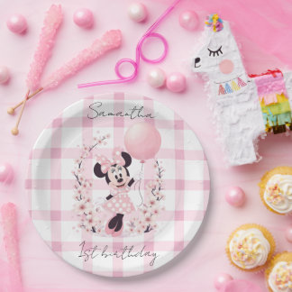 Platos de papel con nombre editable de Minnie Mous