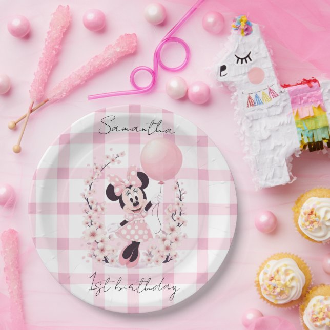 Platos de papel con nombre editable de Minnie Mous (Fiesta)