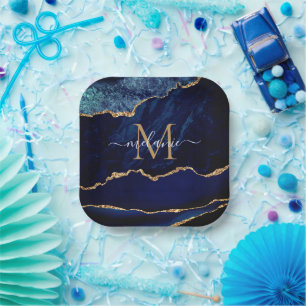 Platos de papel con nombre personalizado Navy Blue