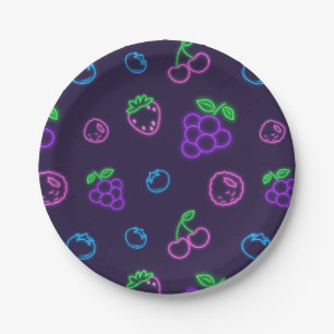 Platos de papel con patrón de bayas neón