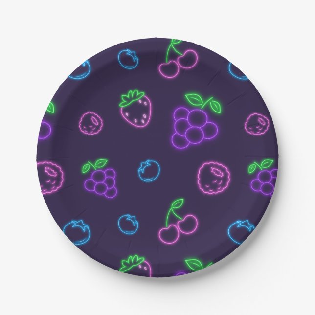 Platos de papel con patrón de bayas neón (Anverso)
