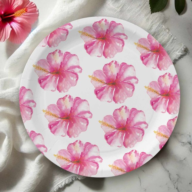 Platos de Papel con Patrón de Flores de Hibisco Ro (Hawaiian theme party accessories features hibiscus flower paper plates)